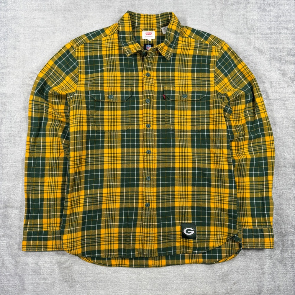 Levis Shirt Mens Medium Green Bay Packers Plaid Flannel NFL Button Up Casual